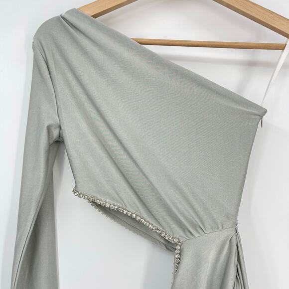 Khanum's | NWT One Shoulder Sash Mini Dress in Silver Party Rhinestone Trim XS - Picture 12 of 16